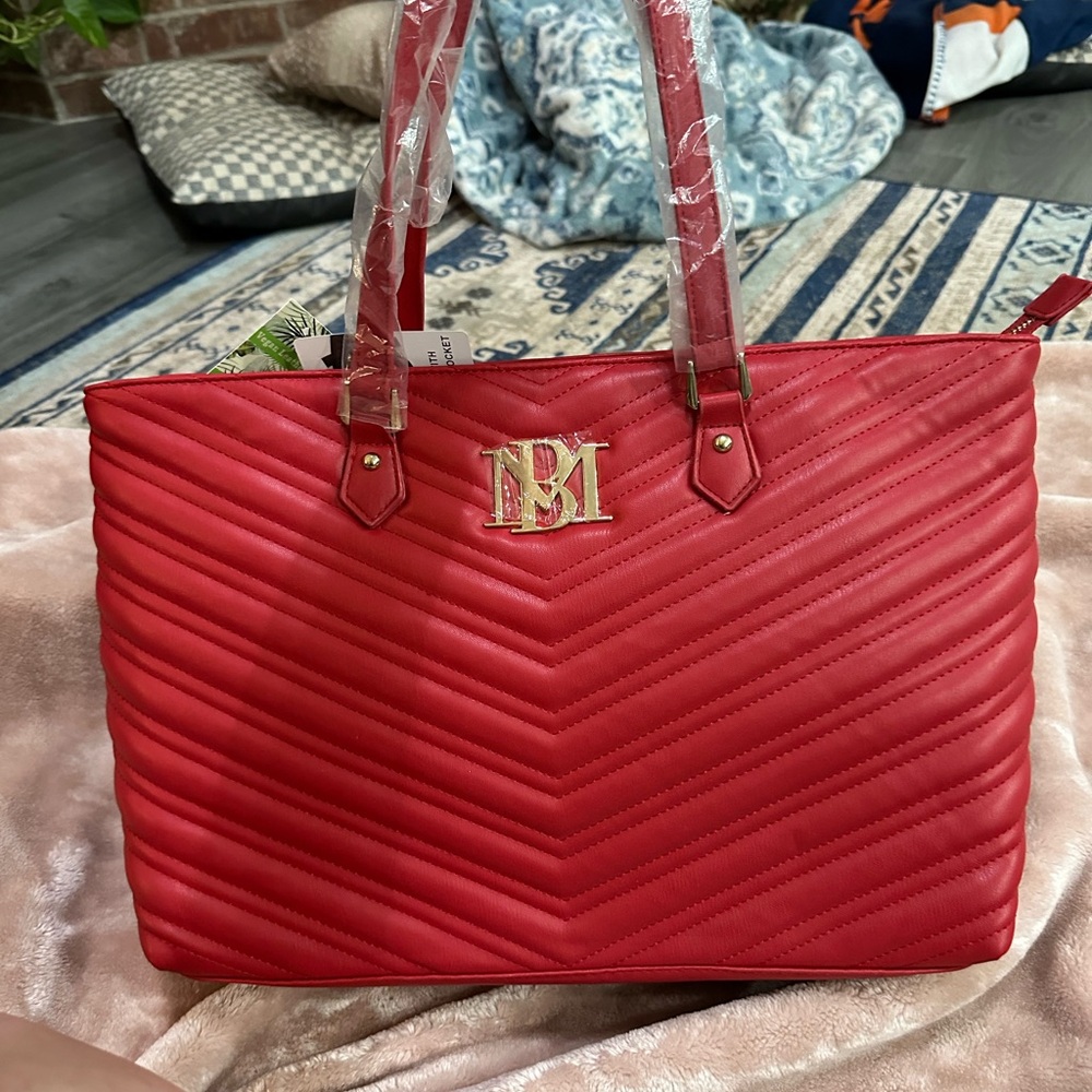 Red Quilted Tote Bag with Gold Logo Badgley Mischka Inspired